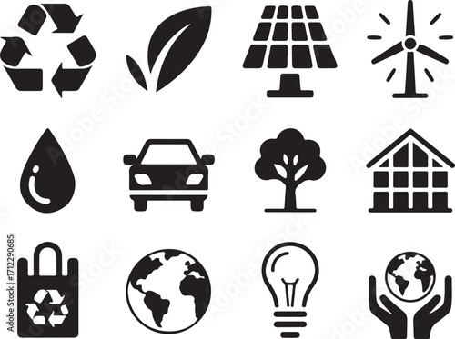 Eco icons for green energy, sustainability, and nature