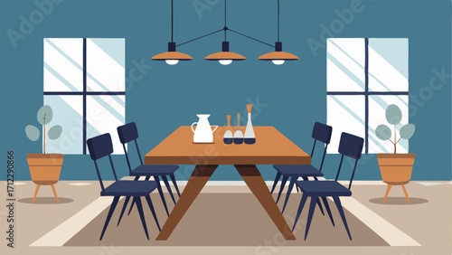 A dining room with a wooden trestle table paired with industrial metal chairs and a statement chandelier above.