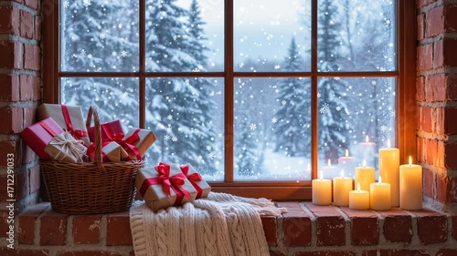 Winter wonderland scene with candles and gifts by the window