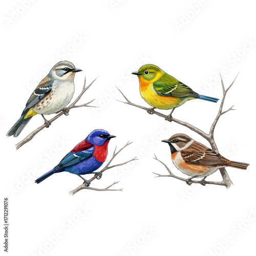 Four colorful birds perched on branches, nature illustration.