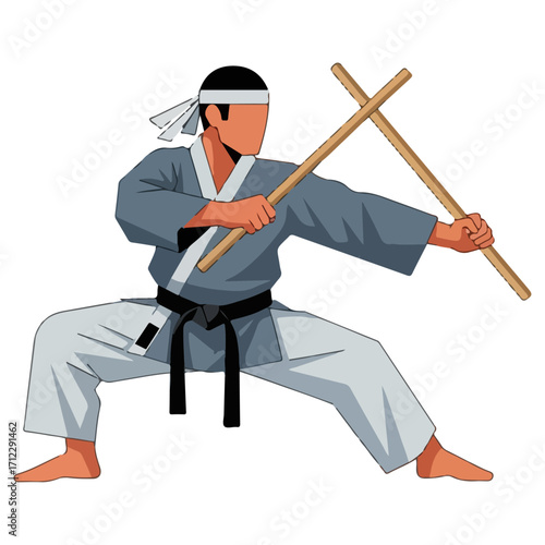 Martial arts expert demonstrating combat techniques with wooden weapons.