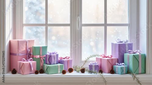 Brightly wrapped gifts bring joy to a winter window display