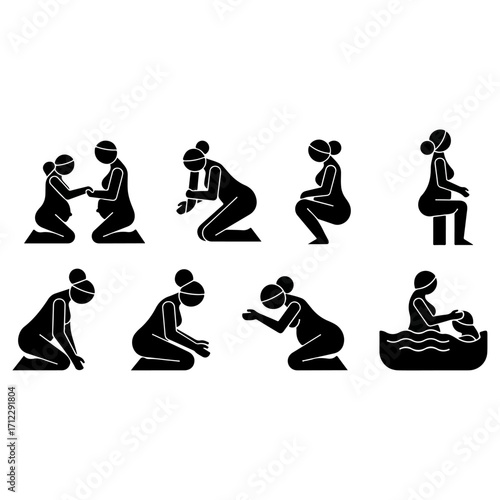 Various positions of pregnant women during labor and delivery.