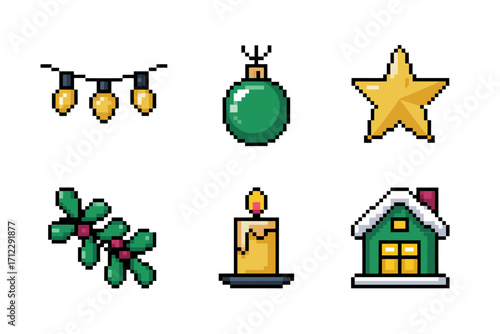 Christmas pixel icon bundle, string lights, green ornament, shining star, mistletoe branch, candle and house, cozy winter vector