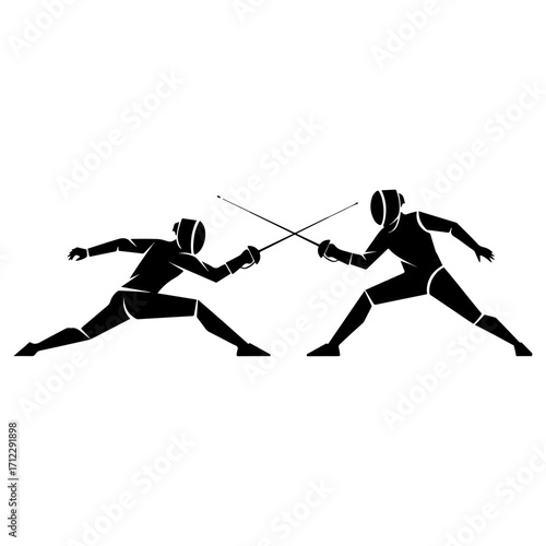 Two Fencers Duel Silhouetted in Dynamic Action with Swords.