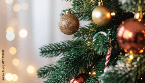 Luxurious Christmas tree detail photo with glitter ornaments, candy canes, glowing lights, and blurred left side for adding text.