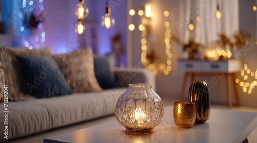 Medium shot showcasing stylish lowcost living room decor emphasizing a sleek couch and accent lighting with a smooth background blur.