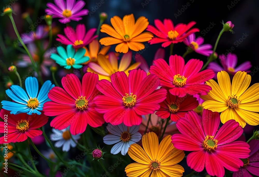 Obraz premium Vibrant cosmos flowers in diverse hues, a breathtaking display of color, shades, petal