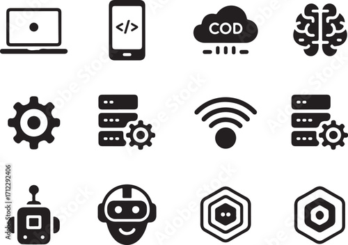 Tech icons: AI, data, coding, cloud, wifi, robot
