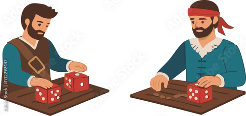 Two bearded men playing dice on wooden tables, wearing historical clothing in a casual setting, showcasing a game of chance and leisure time.