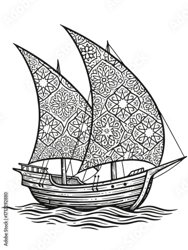 Ornate Dhow Sailing Ship Intricate Line Art Design