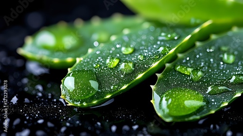 Fresh aloe vera leaves with water drops on dark background, macro photography showing natural moisture and healing properties of medicinal plant.