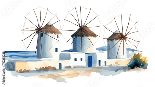 Mykonos Windmills. Mykonos Windmills watercolor vector illustration