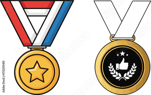Illustration of Two Gold Medals with Ribbons, Featuring Star and Thumbs Up Symbols