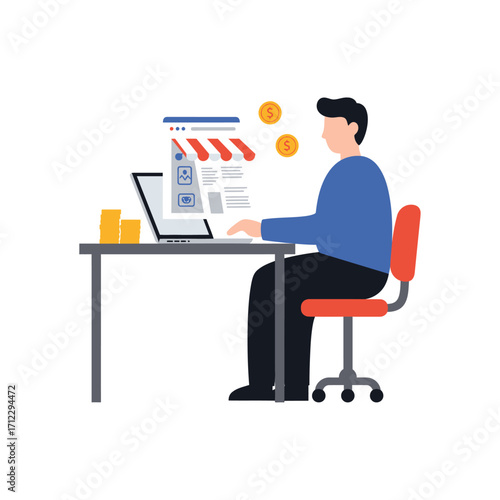 Vector art of man working on laptop with online store and coins