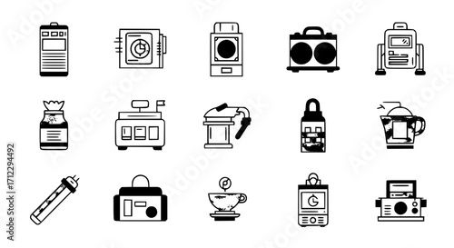 A collection of black and white line art icons representing various kitchen appliances and electronic devices.