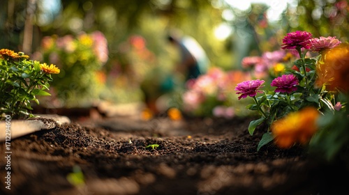 macro garden soil ground level view with pink flowers and soft bokeh nature background