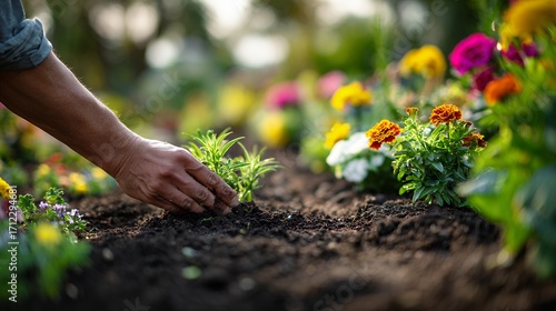 planting marigold flowers gardening soil dirt hands spring garden colorful flowers nature