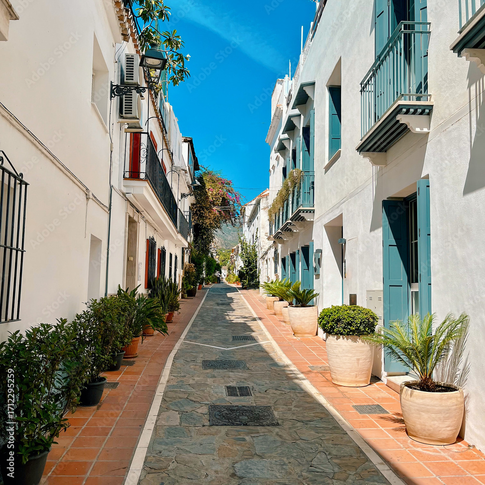 Fototapeta premium White houses in a small street under a blue sky in a Spanish Andalucian village.