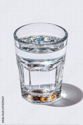 Clear drinking glass with water and light reflection casting soft shadow, simple still life composition with transparent texture and clean background