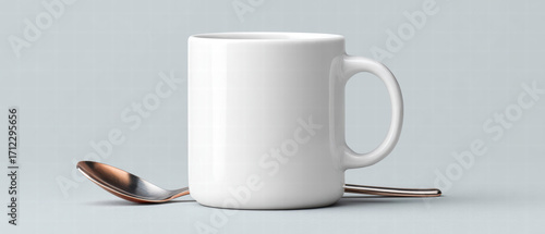 White ceramic coffee mug with metal spoon resting beside it on pale gray surface, minimal still life composition conveying calm and simple morning routine