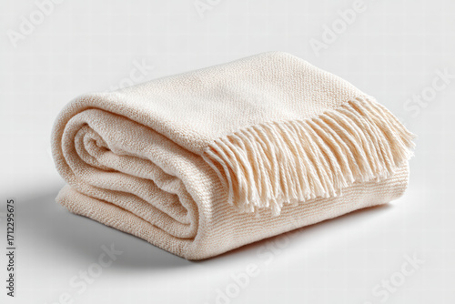 Soft beige woven blanket folded on white surface with fringe detail offering cozy texture and warm mood