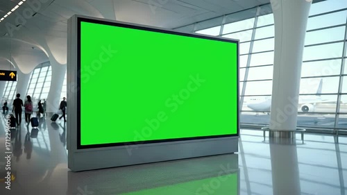 Airport terminal green screen digital billboard with blurred passengers and airplane outside