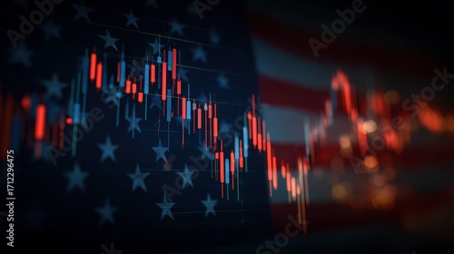 Financial Trading Chart with American Flag Background and Candlesticks