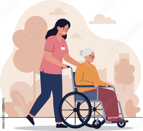 Caregiver assisting senior woman in wheelchair