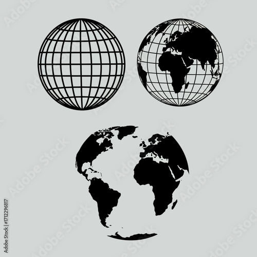 "Black and White Globe Icon Set for Global, Geographic, and International Concepts"