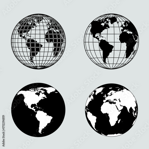 "Black and White Globe Icon Set for Global, Geographic, and International Concepts"