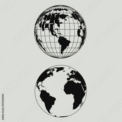 "Black and White Globe Icon Set for Global, Geographic, and International Concepts"