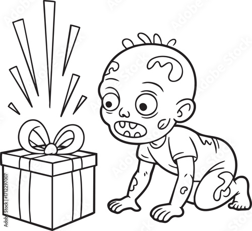 Zombie Baby discovering surprise gift box cute crawling coloring page