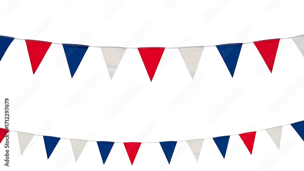Fototapeta premium Patriotic bunting banner red white and blue party decorations hanging garland for celebration event decor on transparent background