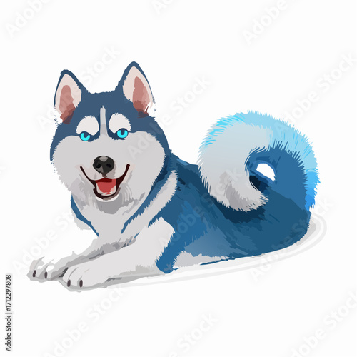 Happy husky lying down smiling with bright blue eyes illustration