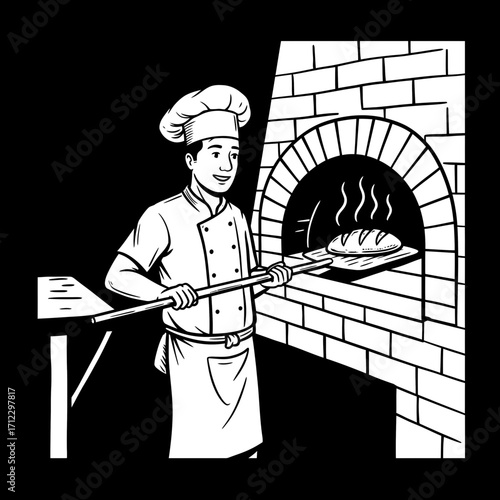 baker, bread, oven, brick, baking, chef, illustration, vintage, artisan, loaf, cooking, kitchen, heat, firewood, traditional, drawing, retro, sketch, black, white, culinary, dough, uniform, food, bake