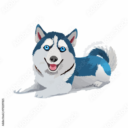 Adorable husky puppy with bright blue eyes lying down smiling happily