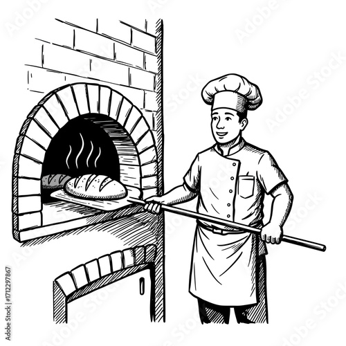 baker, bread, oven, brick, baking, chef, illustration, vintage, artisan, loaf, cooking, kitchen, heat, firewood, traditional, drawing, retro, sketch, black, white, culinary, dough, uniform, food, bake