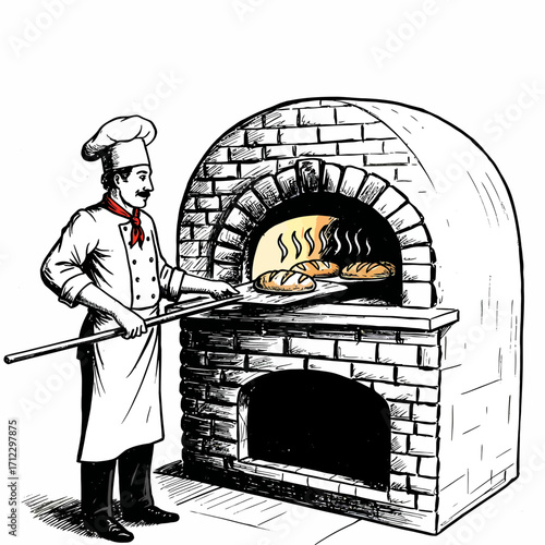baker, bread, oven, brick, baking, chef, illustration, vintage, artisan, loaf, cooking, kitchen, heat, firewood, traditional, drawing, retro, sketch, black, white, culinary, dough, uniform, food, bake