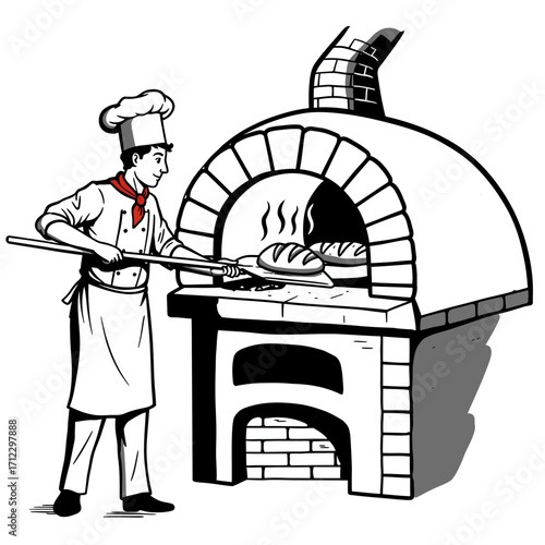 baker, bread, oven, brick, baking, chef, illustration, vintage, artisan, loaf, cooking, kitchen, heat, firewood, traditional, drawing, retro, sketch, black, white, culinary, dough, uniform, food, bake