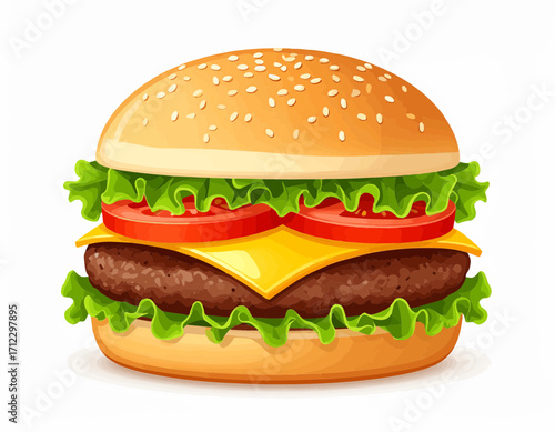 Close-up illustration of a classic cheeseburger with sesame seed bun, lettuce, tomato, and cheese.