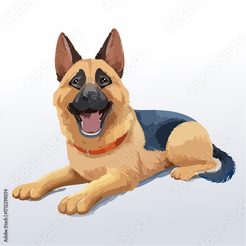 Happy German Shepherd dog lying down and smiling joyfully at camera