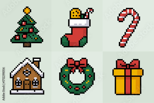 Retro pixel christmas set, decorated tree, stocking with gifts, candy cane, gingerbread house, wreath, wrapped present, vector collection