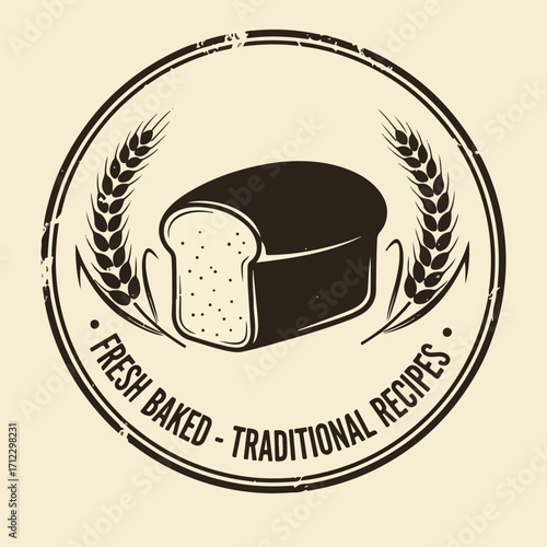 Vintage bakery stamp featuring fresh baked traditional bread,A circular stamp design with a loaf of bread, wheat stalks, and text indicating fresh baked traditional recipes.