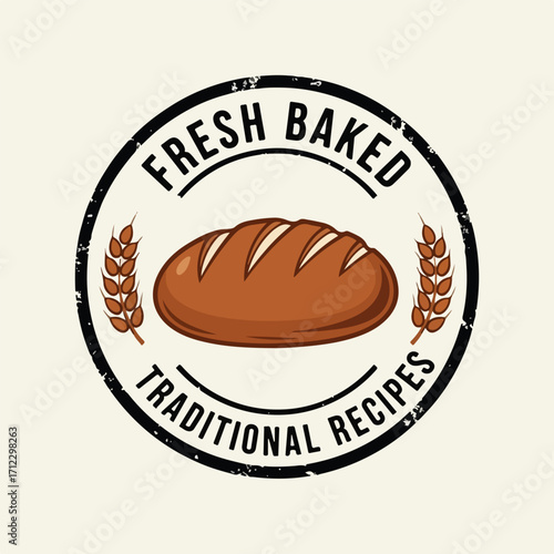 Rustic fresh baked bread emblem with wheat stalks,A circular emblem featuring a loaf of bread, wheat stalks, and text indicating fresh baked traditional recipes.