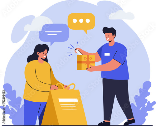 Package delivery man giving box to woman with bag