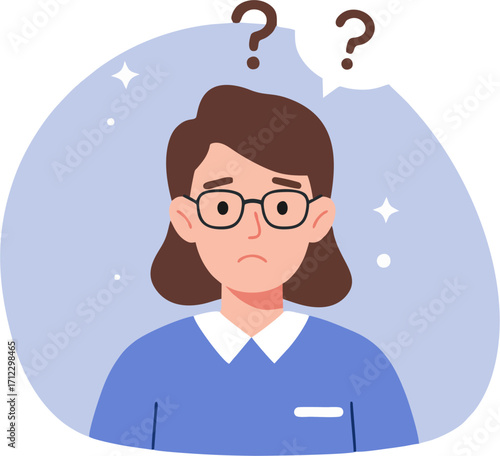 Perplexed woman questions floating in air