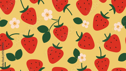 Seamless Pattern of Summer Strawberries and Blossoms on Yellow Background