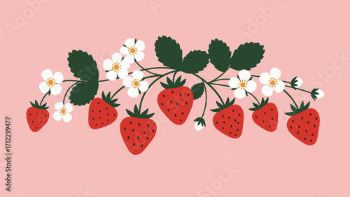 Sweet Strawberry Blossom Garland:  A Delightful Floral and Fruit Illustration