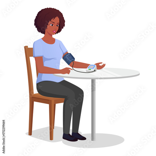 Black Woman Taking her blood Pressure at Home, Female Character using Automatic BP Device vector illustration